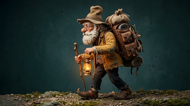 Old bearded traveler with lantern and backpack walking on rocky path