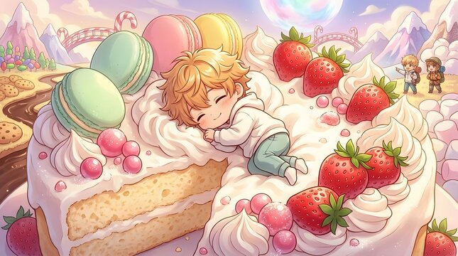 Cute boy sleeping on a giant cake with strawberries and macarons