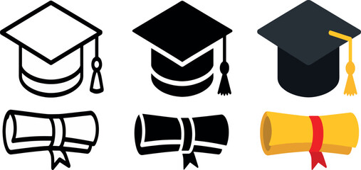 Professional Graduation Cap and Diploma Icons Set in Three Styles: Outline, Solid, and Full Color. Ideal Vector Illustrations for Academic Projects, Student Success, and Educational Events. © Sadek