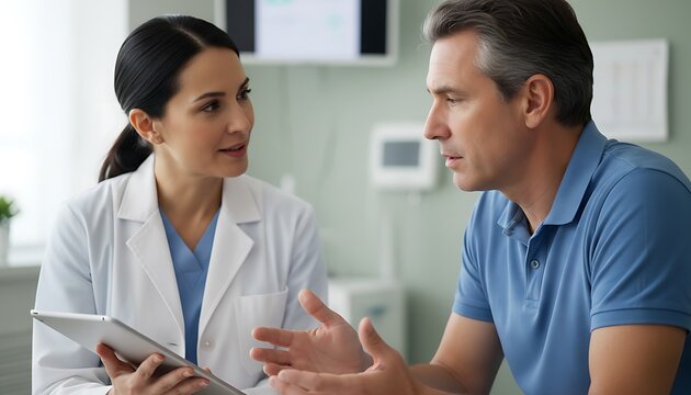Female doctor listening intently to male patient explaining symptoms