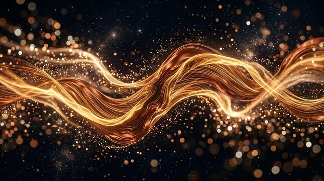 Abstract Golden Light Waves Flowing with Glowing Particles on Black Background