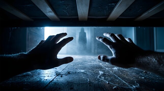 Scared person hiding under bed looking at a ghostly figure in bedroom