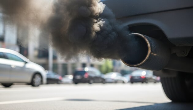 A vehicle tailpipe emitting thick, dark black exhaust smoke into the air on a busy urban roadway.