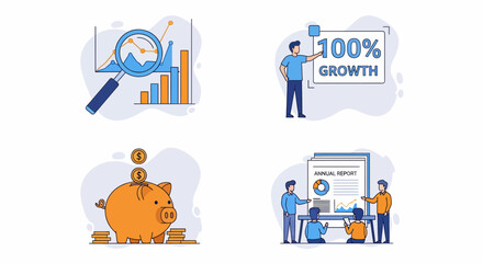 Fototapeta premium Professional business financial growth market analysis savings team and annual report data flat vector illustrations set for success