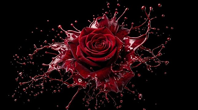 Red rose flower exploding with liquid paint splashes on a black background