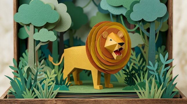 Paper craft lion in a 3D jungle forest environment dioramas display