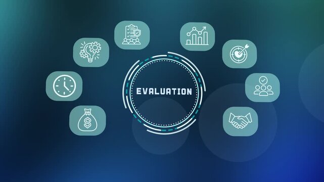 Business evaluation concept showcasing performance analysis, audit tools and metrics tracking diagrams.