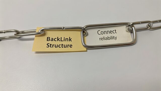 Conceptual image showing a chain link representing connection and reliability with labels for backlink structure in digital marketing
