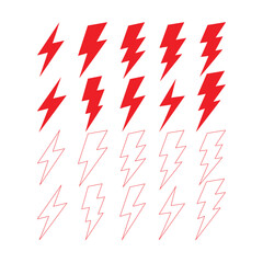 Fototapeta premium Set of twenty red lightning bolt in solid and outline styles on white thunder