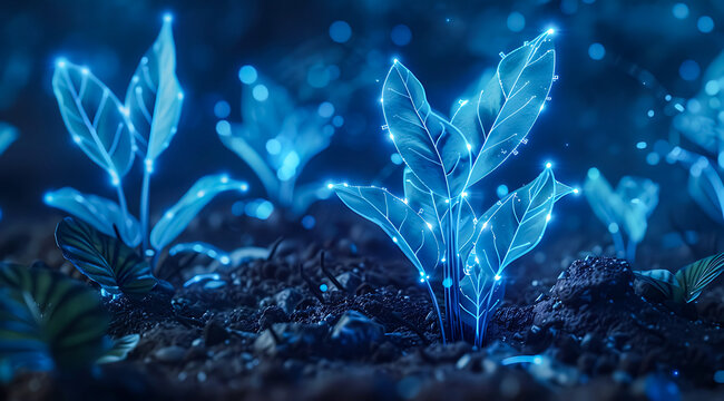 Glowing blue fantasy plants growing in dark soil with sparkling particles. Magical bioluminescent nature scene, futuristic botanical concept and mystical forest atmosphere. 4K Wallpaper