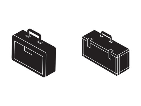Two black briefcases with white outlines one closed and one open isolated on white background