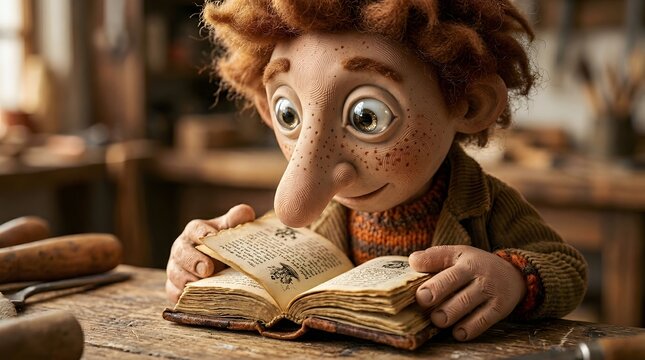 Claymation character with red hair reading an antique book in a workshop