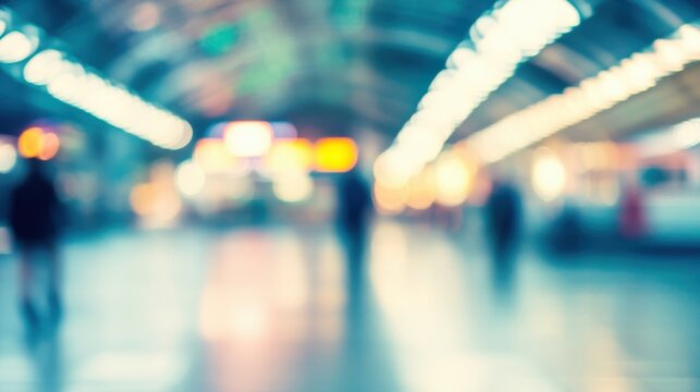 Blurred figures in a brightly lit airport concourse