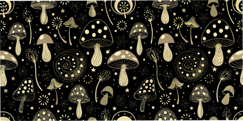 Mushroom pattern a repeating botanical illustration on a dark background © Sudebi