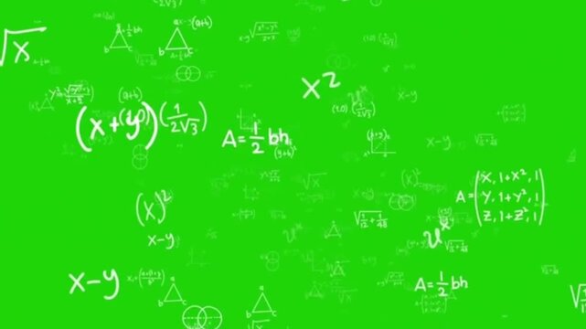 A green screen animated motion graphic background featuring elements of mathematics and science. 