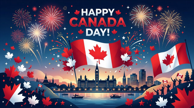 Happy Canada Day celebration with fireworks Canadian flags and Parliament Hill skyline vector illustration for national holiday
