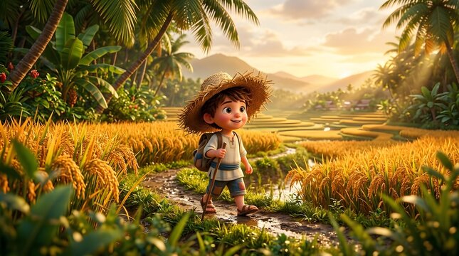 Cute cartoon boy walking in tropical golden rice field at sunset