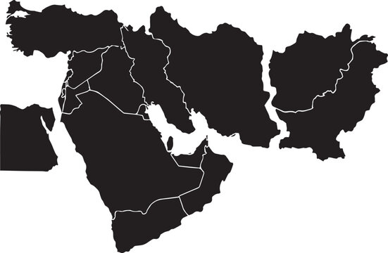 Highly Detailed Middle East Region Map Silhouette Vector Illustration Featuring Major Countries like Turkey, Egypt, Saudi Arabia, Iran, Iraq, and Jordan for Education and Business Reports.