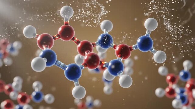 The complex molecular structure composed of various atoms floats through a dark brown environment with particles.