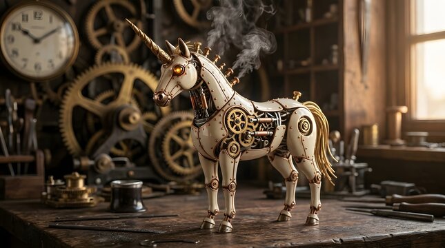 Steampunk mechanical unicorn with gears and steam in a workshop