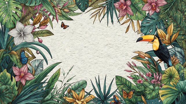 Tropical jungle frame with parrots and blank paper center