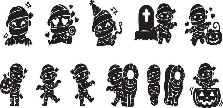 Set of Cute Halloween Mummy Silhouette Vector Illustrations - Chibi Monster Characters for Spooky Decor, Trick or Treat Graphics, Party Invitations, and Festive Scary Holiday Design Projects