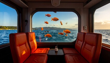 Fototapeta premium Whimsical train journey overlooking a surreal ocean, where vibrant goldfish swim freely outside the window, blending fantasy and reality into a dreamlike travel experience
