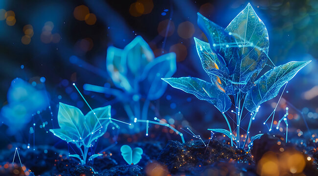 Glowing blue fantasy plants growing in dark soil with sparkling particles. Magical bioluminescent nature scene, futuristic botanical concept and mystical forest atmosphere. 4K Wallpaper