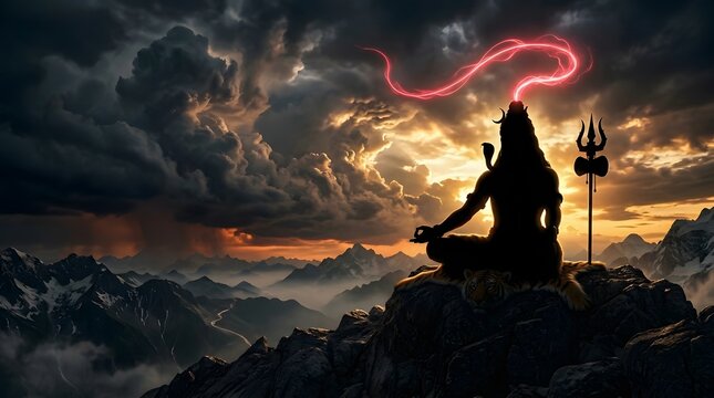 Silhouette of Lord Shiva meditating on a mountain peak at sunset with divine energy