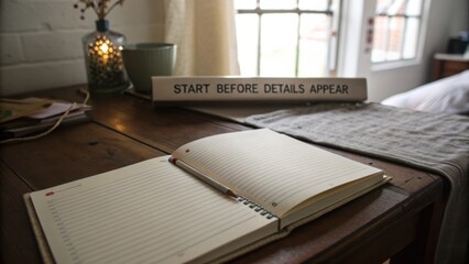 Fototapeta premium Cozy Workspace with Open Notebook, Natural Light, Decorative Candle, and Inspiring Quote on Desk in Home Environment