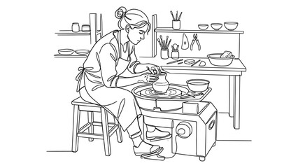 Fototapeta premium Woman working on pottery wheel in studio.