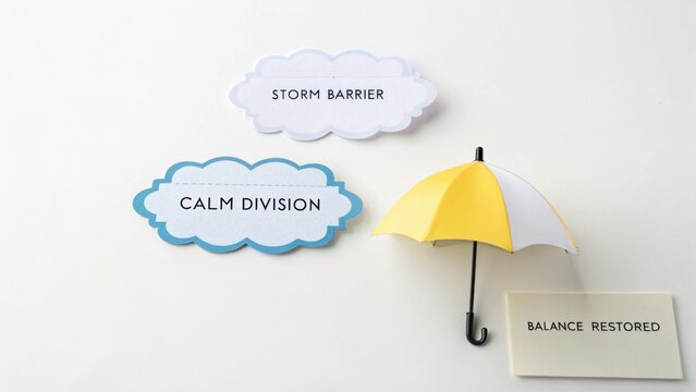 Creative Concept of Resilience with Clouds, Umbrella, and Inspirational Words for Motivation and Team Spirit