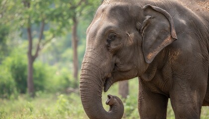 Fototapeta premium Majestic Elephant Portrait: A close-up shot of a magnificent elephant's head and trunk, set against a blurred backdrop of a lush green forest, highlighting its gentle eyes and wrinkled skin.