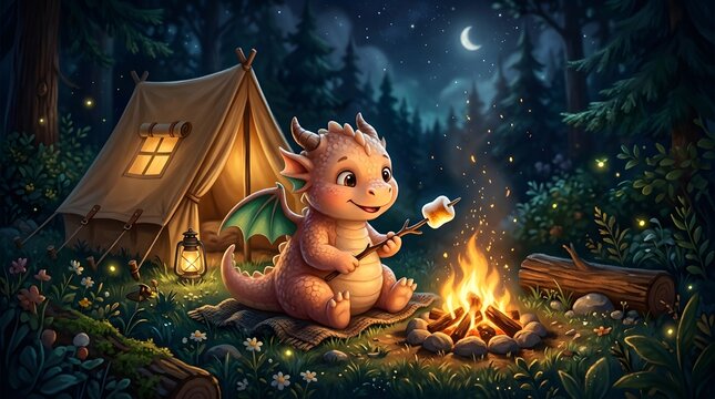 Cute baby dragon roasting marshmallow by camp fire in night forest while camping under moon and stars by a lit tent