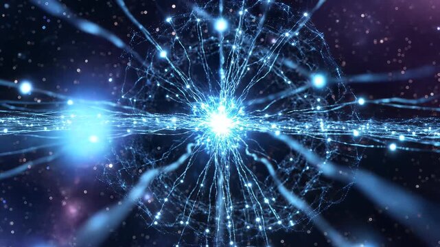 Abstract blue light particles radiating outward in a cosmic digital space background