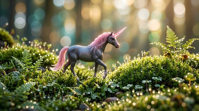 Pink-maned unicorn toy on dewy moss in a magical forest at sunrise