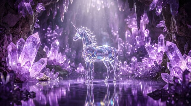 Majestic glass unicorn standing in a magical purple crystal cave