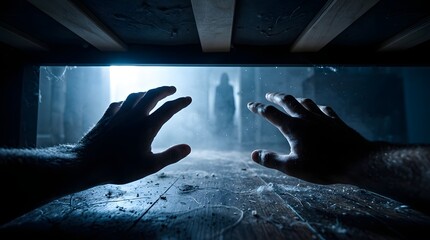 Fototapeta premium Scared person hiding under bed from a ghost shadow in a dark room