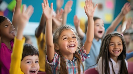 Fototapeta premium Students raise their hands in a classroom to participate in an engaging and interactive group lesson.