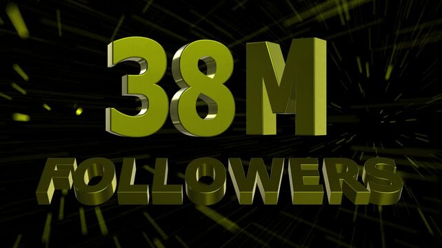 38 Million Followers Celebration Animation. 3D Social Media Milestone with Abstract Motion Lines Background 4K.