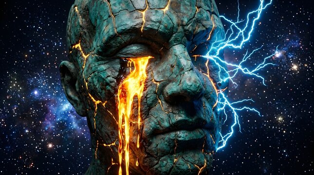 Cracked stone face cries molten lava, struck by lightning in cosmic space