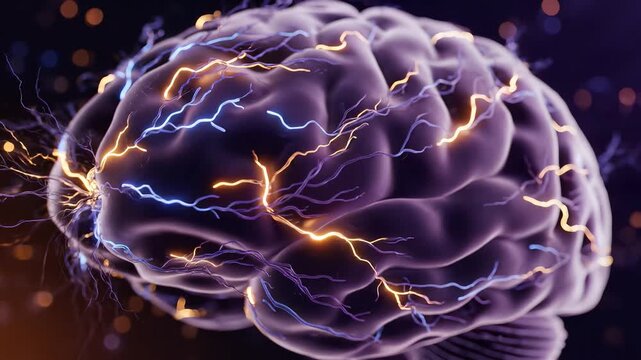 Abstract digital art of a neural network brain with electrical synapses and glowing energy particles