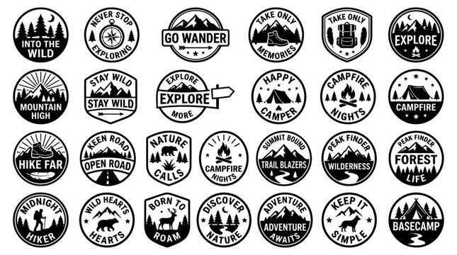 A Collection of Vintage Outdoor Adventure Badges and Emblems, Featuring Nature Silhouettes and Exploration Themes for Travel Enthusiasts