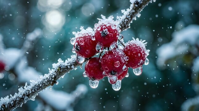 Red winter berries covered in ice and frost on a snowy tree branch during a cold day