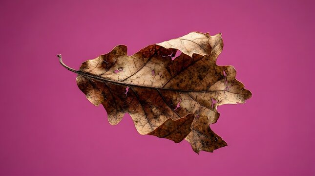 Single dried brown oak leaf floating against a solid magenta background