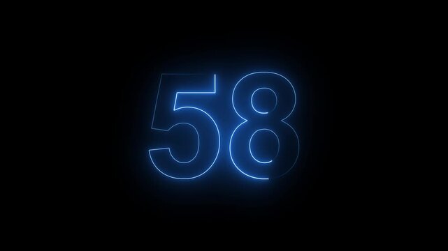 Glowing Neon Number 58 Countdown on Dark Background with Electric Light Effect