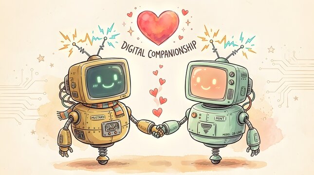 Digital companionship: Two cute retro robots hold hands with hearts, symbolizing connection.