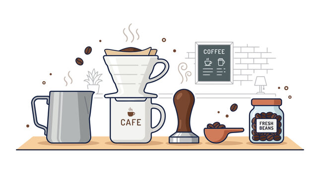 A coffee maker pours coffee into a cafe mug on a table with coffee beans and equipment.