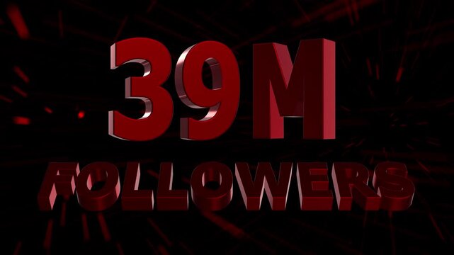 39 Million Followers Celebration Animation. 3D Social Media Milestone with Abstract Motion Lines Background 4K.