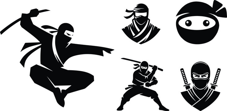 Black ninja icon set representing stealth warrior, martial arts fighter, masked assassin character, covert operative symbol, combat expert, traditional Japanese warrior and vector design